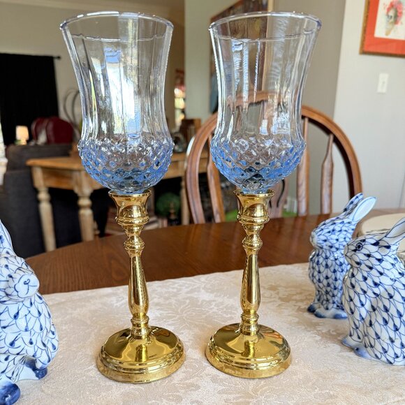 Vintage Brass and Blue Glass Candle holders - Picture 6 of 12